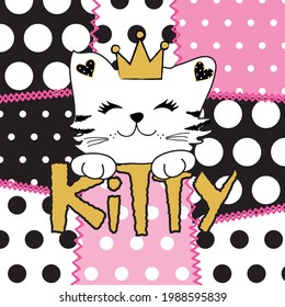 Lovely cartoon kitty princess on patchwork background vector illustration.