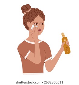 Lovely cartoon lady holds lotion of sunblock and apply it on face. Cute hand drawn young woman defend skin from dangerous ultraviolet rays, cancer and aging. Skin care clipart isolated on white.