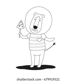 Lovely cartoon lion with ice cream in his paw. Black and white vector illustration.