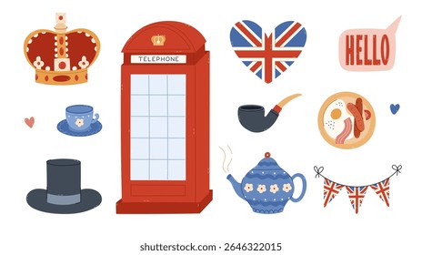 Bonito cartoon Londres definido com marcos da Grã-Bretanha, símbolos ingleses. Cabine telefônica vermelha desenhada à mão, bunting e coração com bandeira do Reino Unido, coroa real, café da manhã tradicional isolado no branco.
