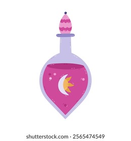 Lovely cartoon magic potion in round glass vial with esoteric symbol on label of moon and sun, pink liquid. Cute hand drawn elixir for magical transformation, wizard spell, mystery ritual isolated.