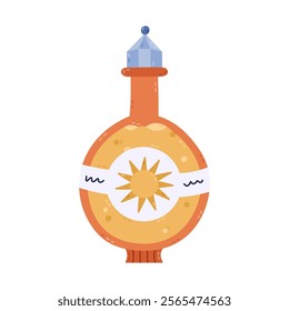 Lovely cartoon magic potion in round bottle with sun symbol on label, vintage lid for sunshine energy. Hand drawn esoteric and alchemy elixir in glass jar of witch and wizard isolated on white.