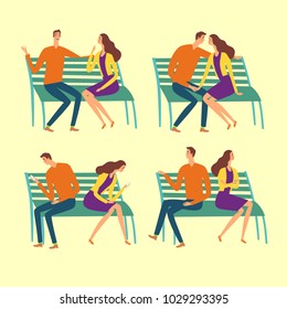 Lovely cartoon man and woman sitting on a bench. Set of different emotions and relationship stages. 