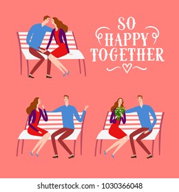 Lovely cartoon man and woman sitting on a bench. So happy together title. Set of romantic moments. 