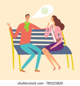 Lovely cartoon man and woman sitting on a bench and talking and laughing. Boy joking. 