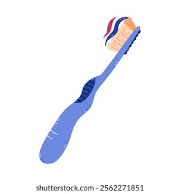 Lovely cartoon manual toothbrush with squeezed toothpaste on it. Cute hand drawn brush for teeth hygiene and everyday dental routine for kids and adults. Oral care clipart isolated on background.