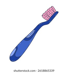 Lovely cartoon manual toothbrush for teeth treatment and cavity hygiene. Cute hand drawn brush for dental care and protection from caries. Stomatology and healthcare outline doodle isolated.