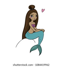 Lovely cartoon mermaid. Siren. Sea theme. vector illustration on a white background. African american girl.