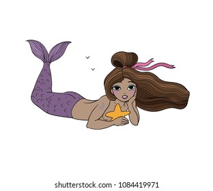 Lovely cartoon mermaid. Siren. Sea theme. vector illustration on a white background. African american girl