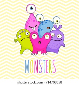 Lovely cartoon monsters and colorful hand-written inscription. Greeting card vector template.
