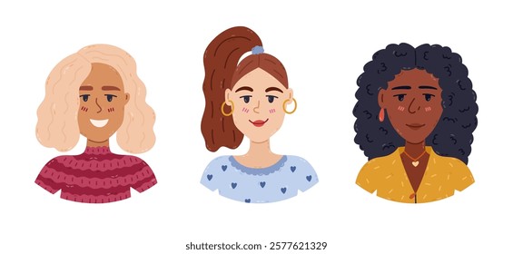 Lovely cartoon multiracial set with happy smiling women with different hairstyle, clothes, jewelry. Cute hand drawn lady character portrait for social media avatar, International Womens Day poster.