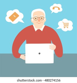 Lovely cartoon old man using internet on laptop. Vector illustration for your design.