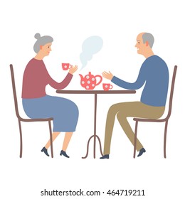 Lovely cartoon old people drinking tea and having a chat. Vector illustration for your design.