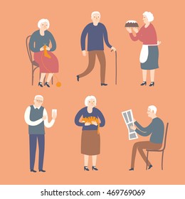 Lovely cartoon old people spending leisure time. Including different activities as knitting, reading newspaper, walking, baking, using internet.