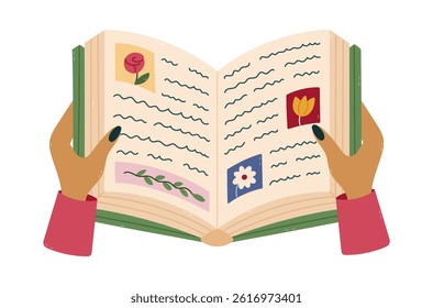Lovely cartoon open book in women hands with paragraphs, pictures. Cute hand drawn academic book, botanical encyclopedia. Back to school supply isolated on white. Concept of reading, kids studying.