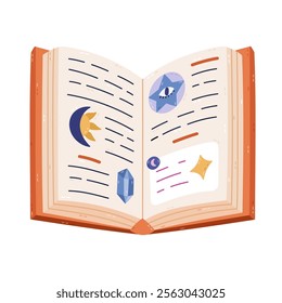 Lovely cartoon open wizard spell book with mysterious text on pages and esoteric symbols of crystal, sun with crescent, star in circle. Hand drawn antique magical manuscript isolated on background.