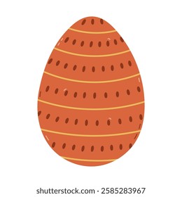 Lovely cartoon orange painted egg with horizontal stripes and dots pattern for Easter egg hunt. Trendy hand drawn clipart for celebrating springtime holiday . Doodle isolated on white background.