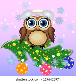 Lovely cartoon owl on a spruce branch decorated with balls, garlands. Christmas card