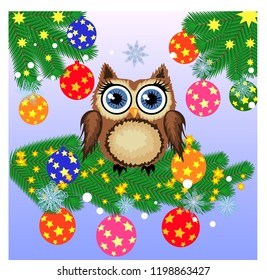 Lovely cartoon owl on a spruce branch decorated with balls, garlands. Christmas card
