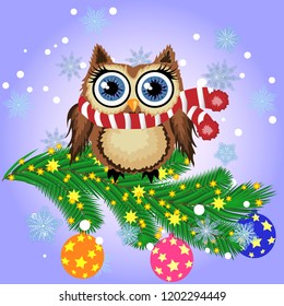 Lovely cartoon owl on a spruce branch decorated with balls, garlands. Christmas card