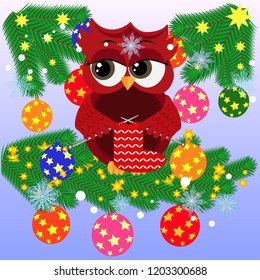 Lovely cartoon owl on a spruce branch decorated with balls, garlands. Christmas card