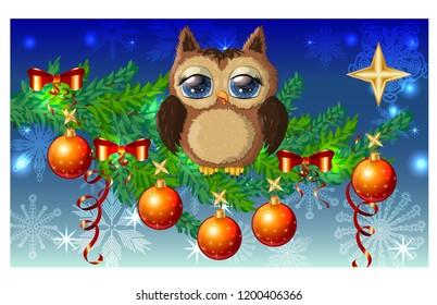 Lovely cartoon owl tangled in a garland of glowing light bulbs on a spruce branch decorated with balls, garlands. Christmas card