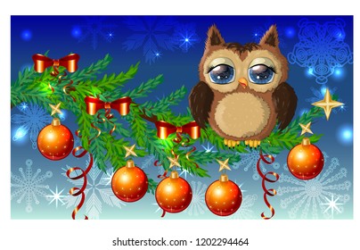 Lovely cartoon owl tangled in a garland of glowing light bulbs on a spruce branch decorated with balls, garlands. Christmas card