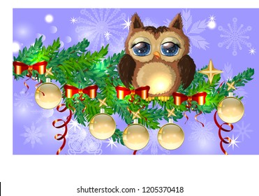 Lovely cartoon owl tangled in a garland of glowing light bulbs on a spruce branch decorated with balls, garlands. Christmas card