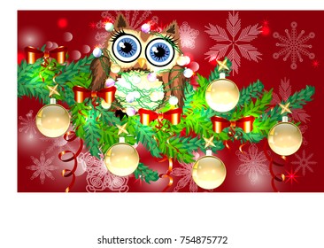 Lovely cartoon owl tangled in a garland of glowing light bulbs on a spruce branch decorated with balls, garlands. Christmas card