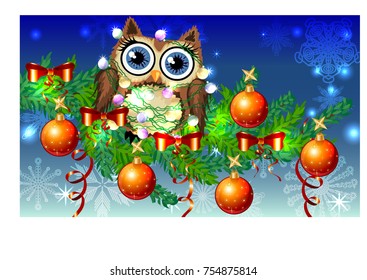 Lovely cartoon owl tangled in a garland of glowing light bulbs on a spruce branch decorated with balls, garlands. Christmas card