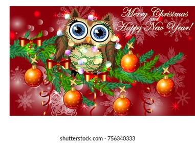 Lovely cartoon owl tangled in a garland of glowing light bulbs on a spruce branch decorated with balls, garlands. Christmas card