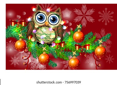 Lovely cartoon owl tangled in a garland of glowing light bulbs on a spruce branch decorated with balls, garlands. Christmas card