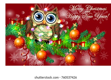 Lovely cartoon owl tangled in a garland of glowing light bulbs on a spruce branch decorated with balls, garlands. Christmas card