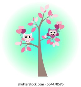 lovely cartoon Owls on branch