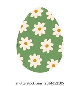 Lovely cartoon painted egg with chamomile flower ornament for Easter egg hunt. Trendy hand drawn clipart for celebrating religious springtime holiday. Pretty flat doodle isolated on white background.