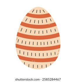 Lovely cartoon painted egg with horizontal stripes and squiggle ornament for Easter egg hunt. Trendy hand drawn clipart for celebrating religious spring event. Doodle isolated on white background.