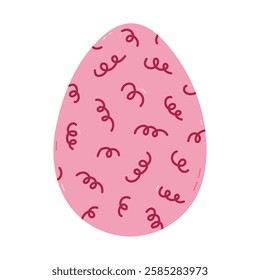 Lovely cartoon painted egg with swirl, twirl, curve and twist pattern for Easter egg hunt. Trendy hand drawn clipart for celebrating traditional springtime holiday. Cute doodle isolated on background.