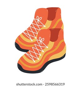 Lovely cartoon pair of fitness sneakers with laces for jogging, gym training, walking. Trendy footwear for active lifestyle for woman and man. Comfortable sport shoes isolated on white background.