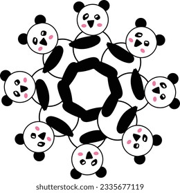  lovely cartoon pandas gathered in a circle on white background. Happy cute pandas. Flat line art style design for poster, greeting card, print, sticker.