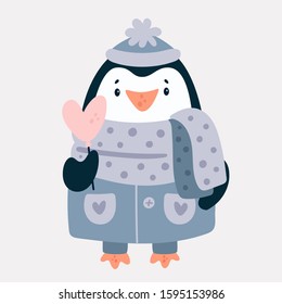 Lovely cartoon penguin in scarf, hat and dress holding heart candy. Adorable baby animal character. Childish vector illustration in flat style and pastel colors. Good for card, poster, print, book