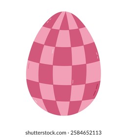 Lovely cartoon pink painted egg with checkered pattern for Easter egg hunt. Trendy hand drawn clipart to celebrate religious springtime holiday, funny game. Cute doodle isolated on white background.