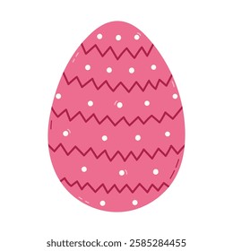 Lovely cartoon pink painted egg with zigzag horizontal lines and dots pattern for Easter egg hunt. Trendy hand drawn clipart for religious springtime holiday. Flat doodle isolated on white background.