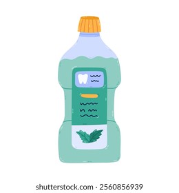 Lovely cartoon plastic bottle of mouthwash for fresh breath with mint flavour. Trendy hand drawn liquid for rinsing mouth and cleansing cavity. Dental healthcare clipart isolated on white background.