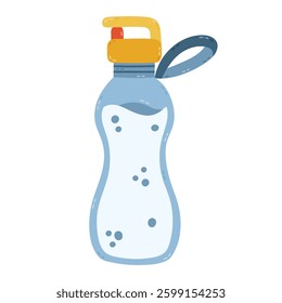 Lovely cartoon plastic sport bottle full of water with bubbles. Cute hand drawn clipart of water container isolated on white background. Fitness equipment, healthy habits.