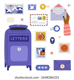 Lovely cartoon postage office set with classical postbox, lady open envelope, airmail postcard, heavenly postage mark, rubber stamps. Trendy hand drawn postal clipart isolated on white background.