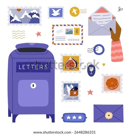 Lovely cartoon postage office set with classical postbox, lady open envelope, airmail postcard, heavenly postage mark, rubber stamps. Trendy hand drawn postal clipart isolated on white background.