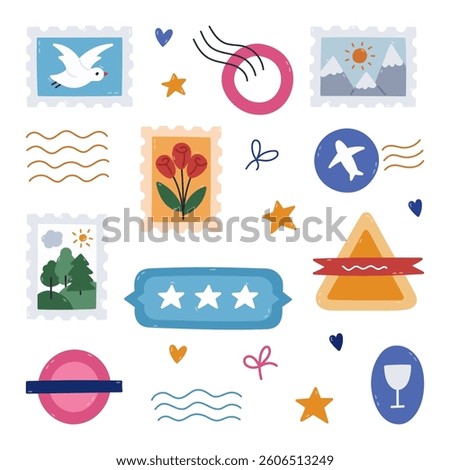Lovely cartoon postage stamp and mark set for airmail envelope, post office. Hand drawn imprint of rubber stamps, waves, airplane sign, stars, postmark with nature pictures isolated on white.