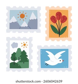 Lovely cartoon postage stamp set with adorable picture of sea gull, mountains view, roses, forest landscape. Trendy hand drawn postmark with print for letter, postcard, sending mail isolated on white.