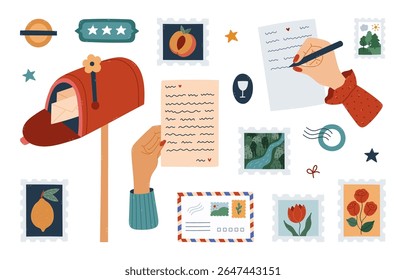 Lovely cartoon postal and mail set with residential mailbox, women handwriting a letter, postage stamps with roses and woods picture. Cute hand drawn postage clipart isolated on white background.