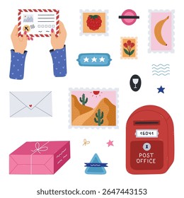 Lovely cartoon postal set with public mailbox, women hands holding airmail letter, postage stamps with picturesque scenery. Trendy hand drawn deliver and receive mail clipart isolated on background.